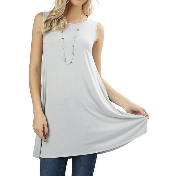 Women Round Neck Sleeveless Flowy Tunic Top with Side Pockets (Grey Mist, XL)