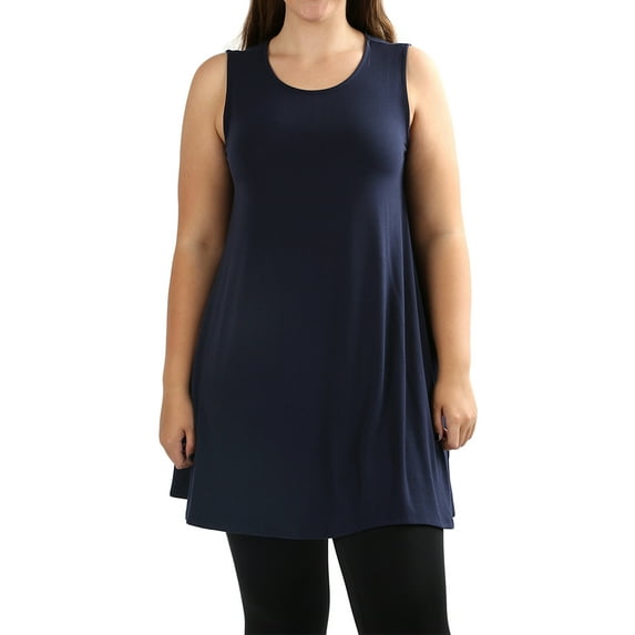 Women Round Neck Sleeveless Flowy Tunic Top with Side Pockets (Navy, 2X)