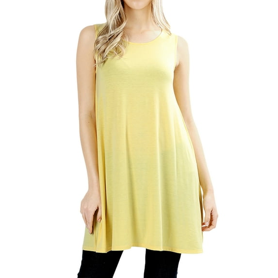 Women Round Neck Sleeveless Flowy Tunic Top with Side Pockets (Sunshine, S)