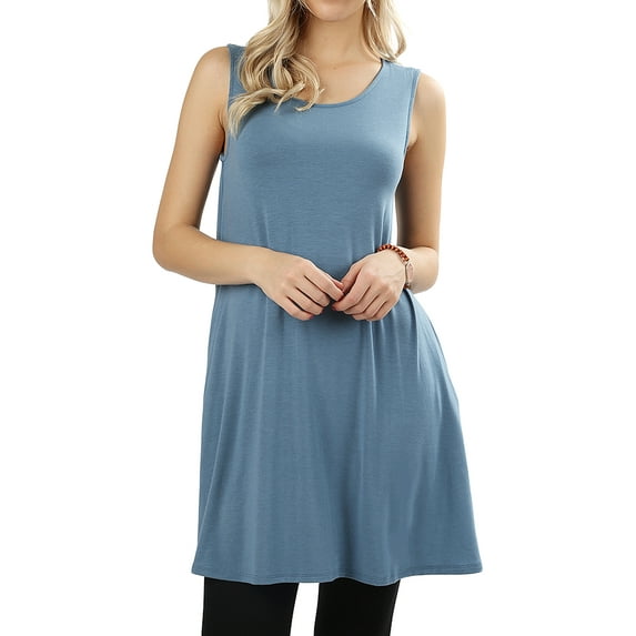 Women Round Neck Sleeveless Flowy Tunic Top with Side Pockets (Titanium, 2X)