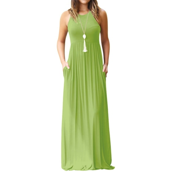ZXSXSY Women Round Neck Sleeveless Pure Color Long Dress with Pocket