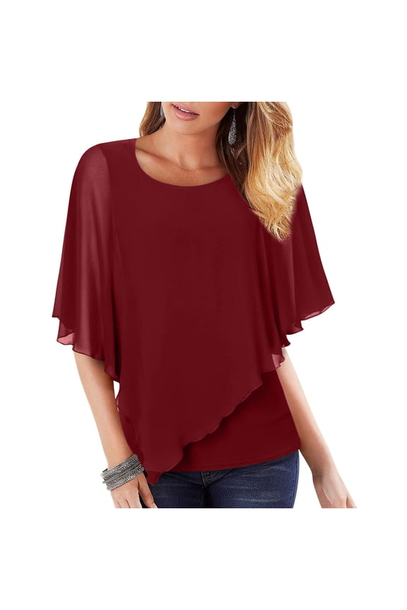 Women Round Neck Solid Vest with Loose Chiffon Bat Shortsleeve Flowing Shawl Double Layer Tunic Top Blouse Athletic Womens Tops Women Top Active Tops Any Day Long Top for Women Nylon Tops