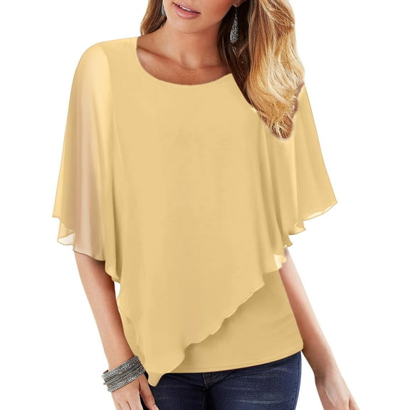 Women Round Neck Solid Vest with Loose Chiffon Bat Shortsleeve Flowing Shawl Double Layer Tunic Top Blouse Athletic Womens Tops Women Top Active Tops Any Day Long Top for Women Nylon Tops