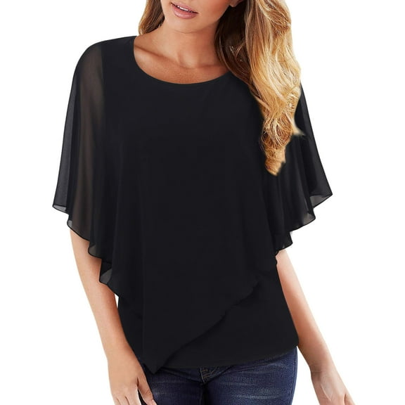 Women Round Neck Solid Vest With Loose Chiffon Bat Shortsleeve Flowing Shawl Double Layer Tunic Top Blouse
