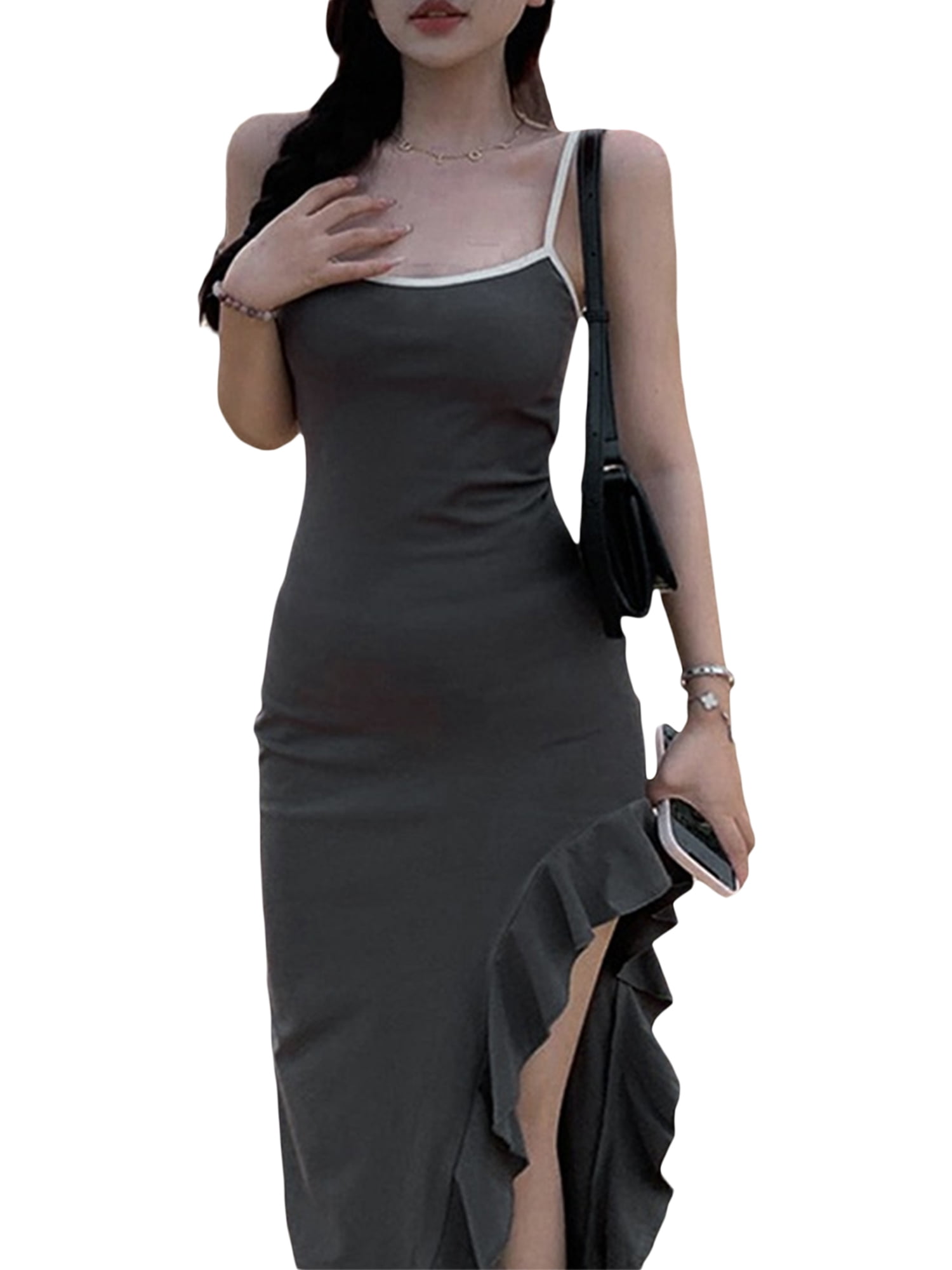 Spaghetti Strap Ruffled Skirt High-Slit Dress Lilac main image 1