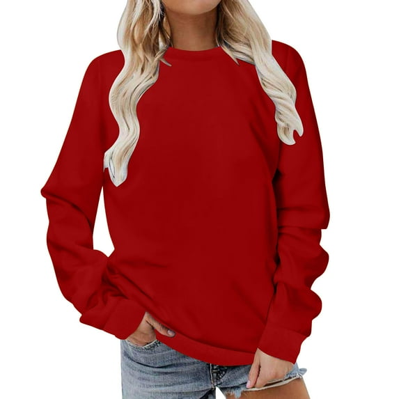 Women Round Neck Sweatshirts Warm Soft Long Sleeves Casual Pullover Tops Solid Color Lightweight Work Sweatshirt Wine XXXXL