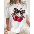 thumbnail image 1 of Women Round Neck T Shirt Cherry Leopard Bow Print Casual Summer Wear For Everyday And Holiday, 1 of 9