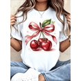 thumbnail image 1 of Women Round Neck T Shirt Cherry With Red Ribbon Print Short Sleeve Casual Summer Outfit, 1 of 9