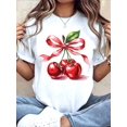 thumbnail image 1 of Women Round Neck T Shirt Cherry With Red Ribbon Print Short Sleeve Casual, 1 of 9