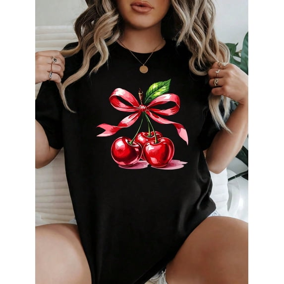 Women Round Neck T Shirt Cherry With Red Ribbon Print Short Sleeve Casual