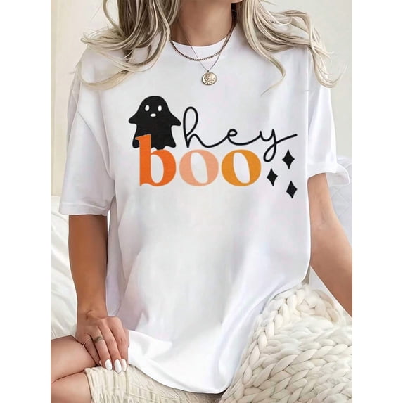 Women Round Neck T Shirt Ghost Hey Boo Print Casual Halloween Party