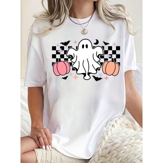 Women Round Neck T Shirt Ghost Pumpkin Print Casual Halloween Party