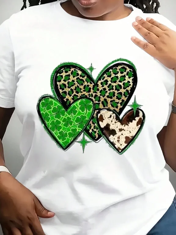 Women Round Neck T Shirt Green Leopard Heart Clover Print Short Sleeve St Patrick's Day Celebration Casual Wear