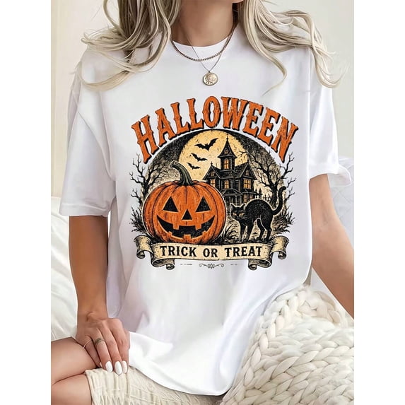 Women Round Neck T Shirt Halloween Pumpkin Haunted House Print Trick Or Treat Graphic Tee Casual Holiday Top