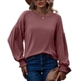 thumbnail image 1 of Women Round Neck T Shirt Lantern Long Sleeves Shirred Cuff Loose Fitting Casual Blouses Wine Red L, 1 of 6