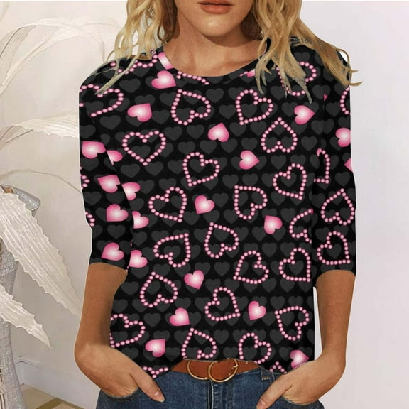 Women Round Neck Three Quarter Sleeve Floral Print Blouse T-Shirt Polyester Comfortable Fashionable