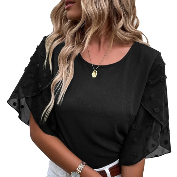 Women Round Neck Top Half Petal Sleeves Lace Stitching Loose Type Casual T Shirt for Summer Black XXL
