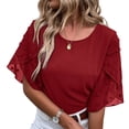 thumbnail image 1 of Women Round Neck Top Half Petal Sleeves Lace Stitching Loose Type Casual T Shirt for Summer Wine Red XL, 1 of 6