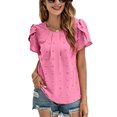 thumbnail image 1 of Women Round Neck Top Pleated Neckline Short Petal Sleeves Jacquard Fabric Casual Summer T Shirt Rose Red L, 1 of 8