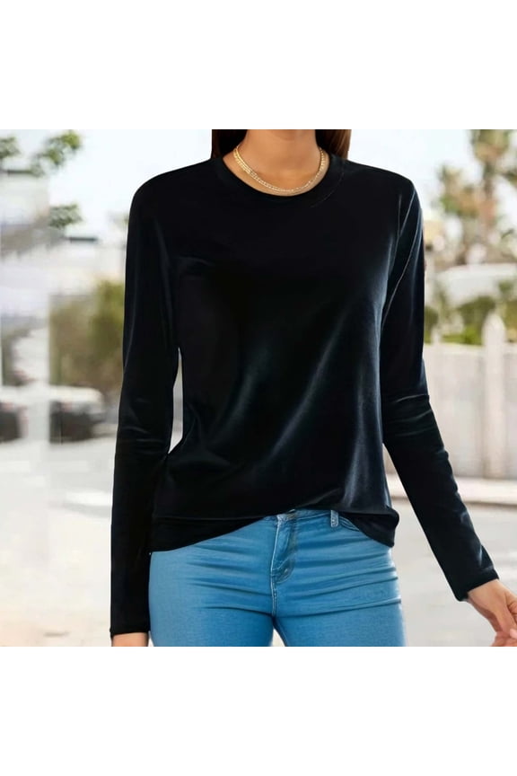 Women Round Neck Velvet Tops Dressy Long Sleeve Work Shirts Basic Velour Blouse Casual Solid Color Tee Shirt，S-XL