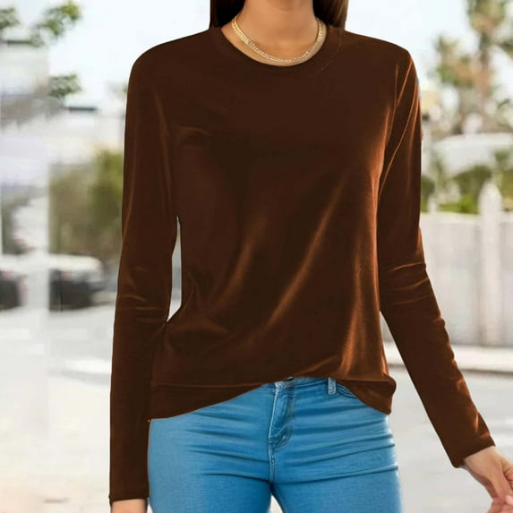 Women Round Neck Velvet Tops Dressy Long Sleeve Work Shirts Basic Velour Blouse Casual Solid Color Tee Shirt，S-XL