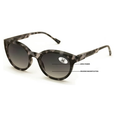 Women Round Progressive Bifocal Reading Sunglasses - No Line or Bubble - Zero Power on Top Reader +1.00