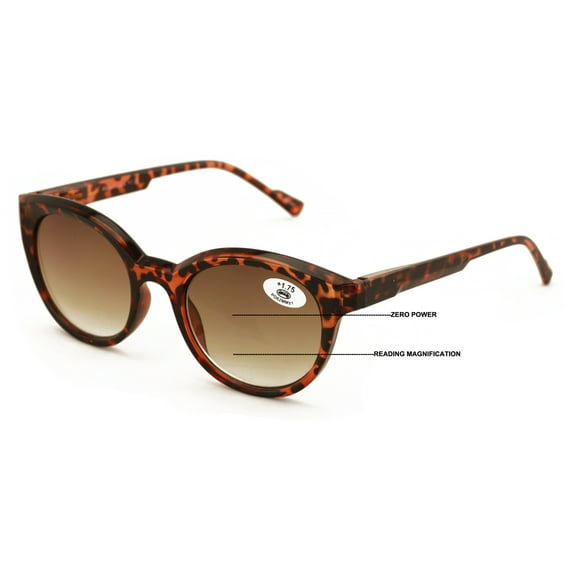 Women Round Progressive Bifocal Reading Sunglasses - No Line or Bubble - Zero Power on Top Reader +1.75