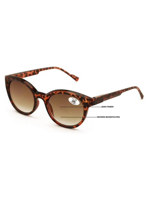 Women Round Progressive Bifocal Reading Sunglasses - No Line or Bubble - Zero Power on Top Reader +2.50