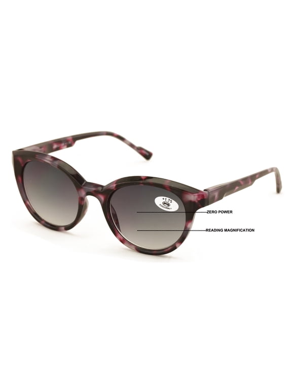 Women Round Progressive Bifocal Reading Sunglasses - No Line or Bubble - Zero Power on Top Reader +2.50