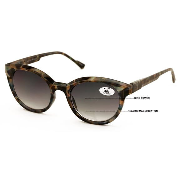 Women Round Progressive Bifocal Reading Sunglasses - No Line or Bubble - Zero Power on Top Reader +2.50