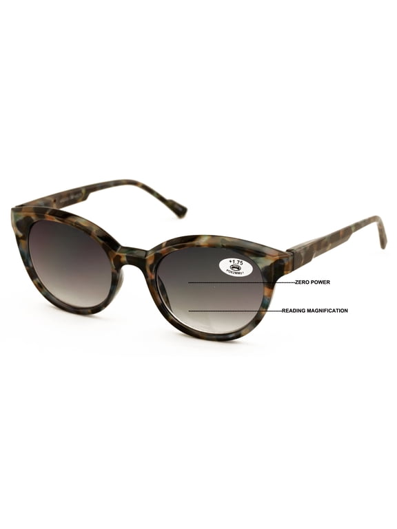 Women Round Progressive Bifocal Reading Sunglasses - No Line or Bubble - Zero Power on Top Reader +2.50