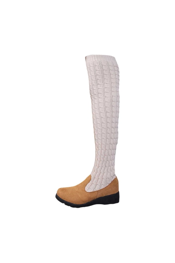 Women Round Toe Knitted Socks Over The Knee Boots Wedge