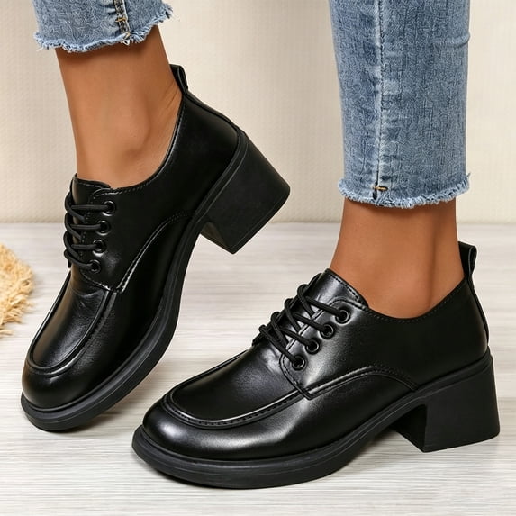 Women Round Toe Lace‑Up Chunky Heel Shoes, Leather Platform Block Heel Dress Shoes
