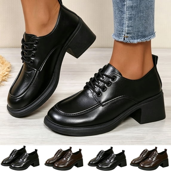 Women Round Toe Lace‑Up Chunky Heel Shoes, Leather Platform Block Heel Dress Shoes