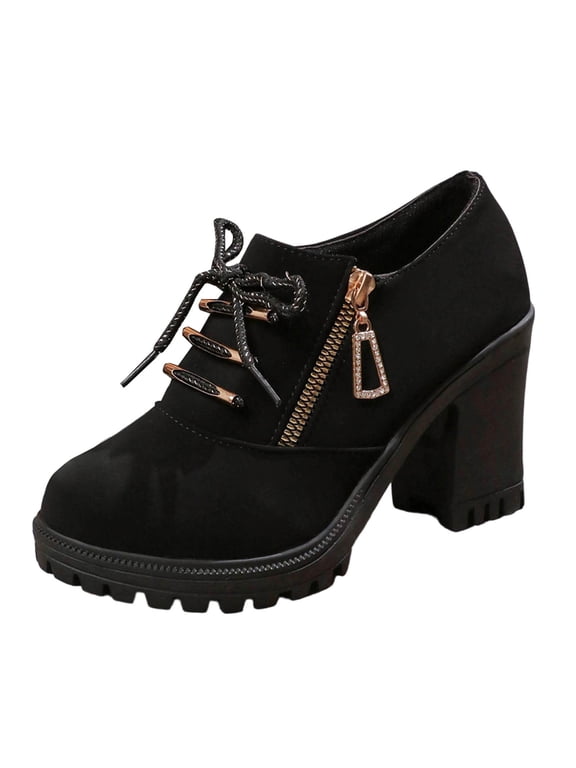 Women Round Toe Lace Up Side Zipper Chunky Heel Short Boots, Plus Casual Footwear Us Size 8.5