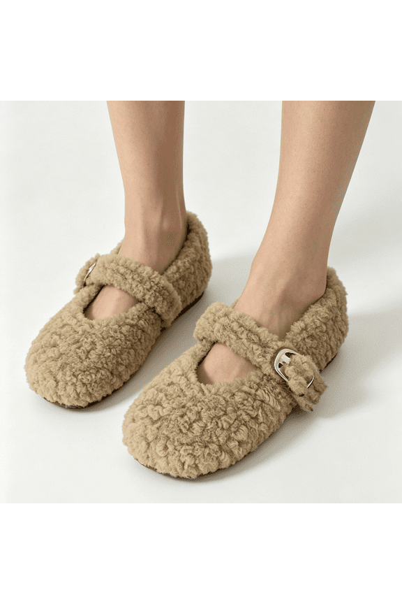 Women Round Toe Mary Jane Mules Slip On Metal Buckle Plush Lined Platform Clogs Fall Winter Wear Cute Cozy Slides Office Commute Outwear