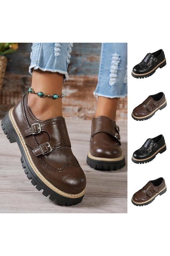 Women Round Toe Mary Jane Platform Loafers Chunky Lug Block Heel Non Slip Oxford Shoes Fall Casual Footwear Brown 9.5(43)
