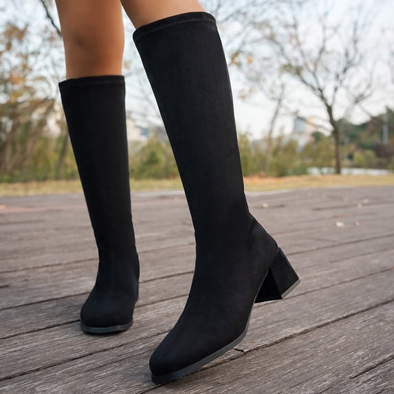 Women Round Toe Mid Heel Knee High Boots Comfort Stretch Flock Slim Shaft Boots for Fall Winter Casual Outdoor Daily Wear