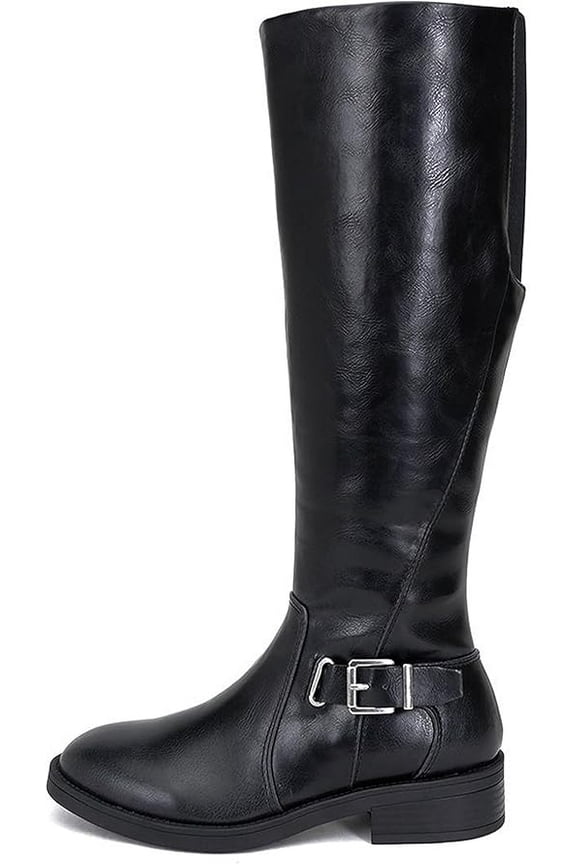 Women Round Toe Riding Boot Buckle Low Heel Knee-High Riding Boot with Side Zipper Nectar Soda