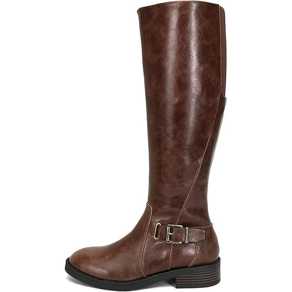 Women Round Toe Riding Boot Buckle Low Heel Knee-High Riding Boot with Side Zipper Nectar Soda