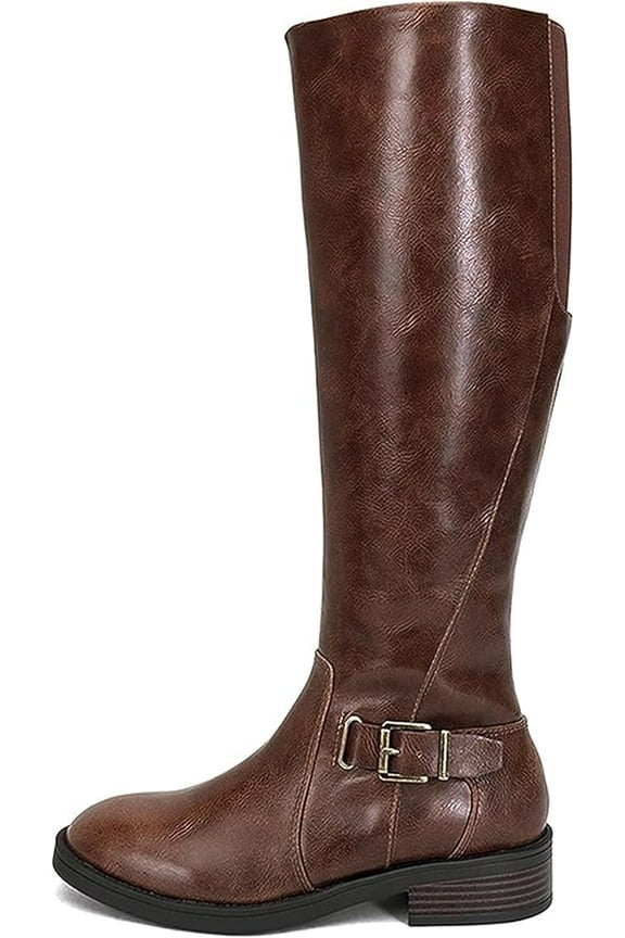 Women Round Toe Riding Boot Buckle Low Heel Knee-High Riding Boot with Side Zipper Nectar Soda