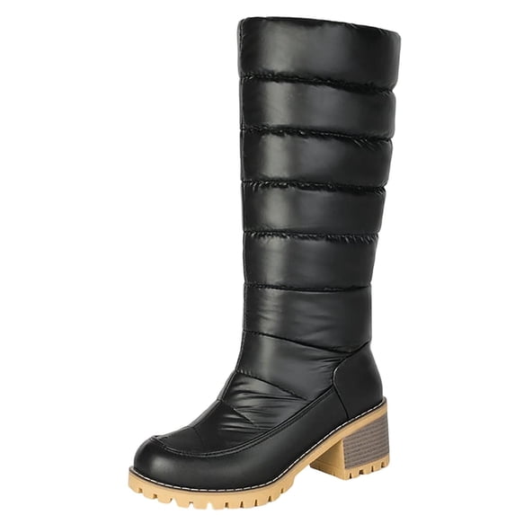 Women Round Toe Warm Knee High Boots Plus Size Mid Heel Quilted Fabric Tall Boots Non Slip Outsole for Fall Winter Commuting Travel Black