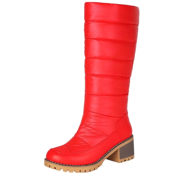 Women Round Toe Warm Knee High Boots Plus Size Mid Heel Quilted Fabric Tall Boots Non Slip Outsole for Fall Winter Commuting Travel Red
