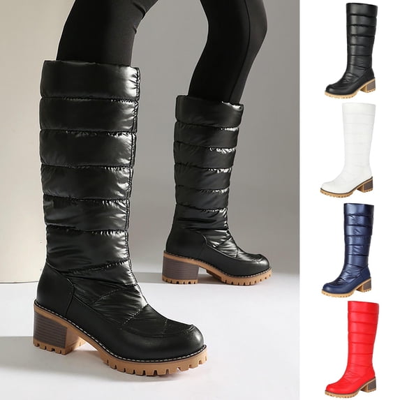 Women Round Toe Warm Knee High Boots Plus Size Mid Heel Quilted Fabric Tall Boots Non Slip Outsole for Fall Winter Commuting Travel White