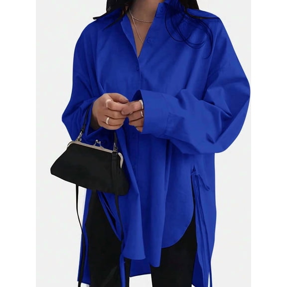 Women Royal Blue Plain Simple Daily Long Sleeve Tie Front Shirt, Long