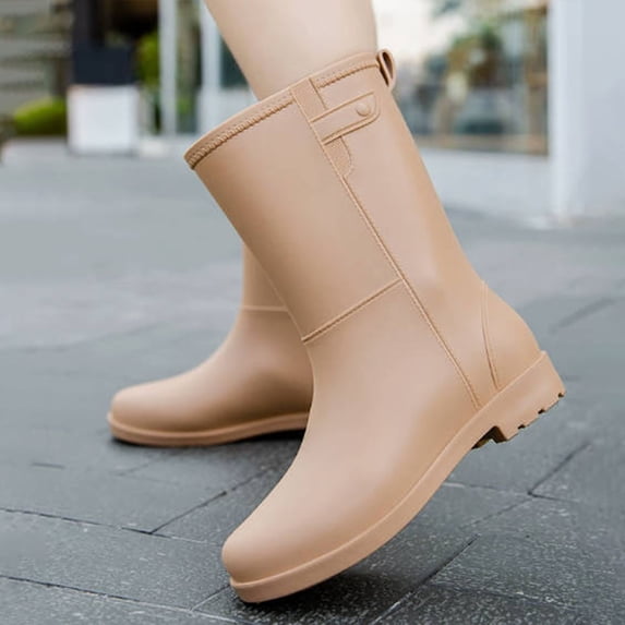 Women Rubber Boots Wide Calf Rain Boots Matte Surface Waterproof PVC Rubber Rain Boot Mid Height Rain Shoes for Outdoor Brown 7.5