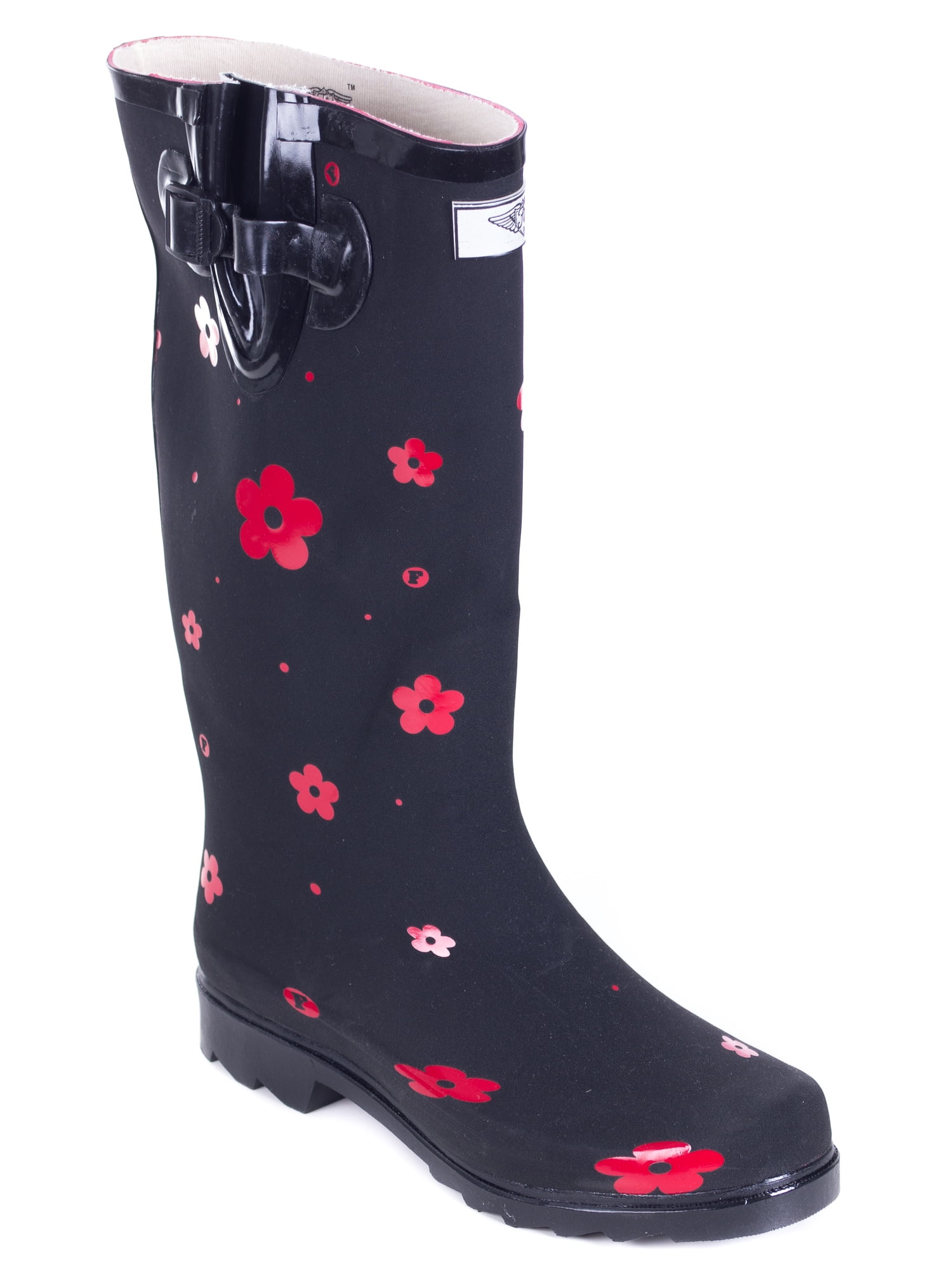 Women Rubber Rain Boots with Cotton Lining, Red Flower Matte Design