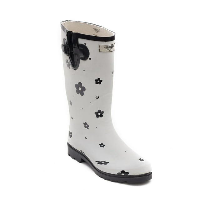 Women Rubber Rain Boots with Cotton Lining, White Flower Matte Design