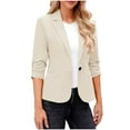 thumbnail image 1 of Women Ruched 3/4 Sleeve Casual Suit Jackets Lapel Neck One Button Dressy Slim Formal Office Business Blazer Solid, 1 of 8
