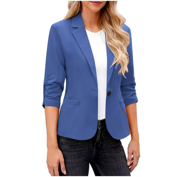 Women Ruched 3/4 Sleeve Casual Suit Jackets Lapel Neck One Button Dressy Slim Formal Office Business Blazer Solid
